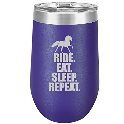 16 oz Double Wall Vacuum Insulated Stainless Steel Stemless Wine Tumbler Glass Coffee Travel Mug With Lid Horse Ride Eat Sleep Repeat (Purple)