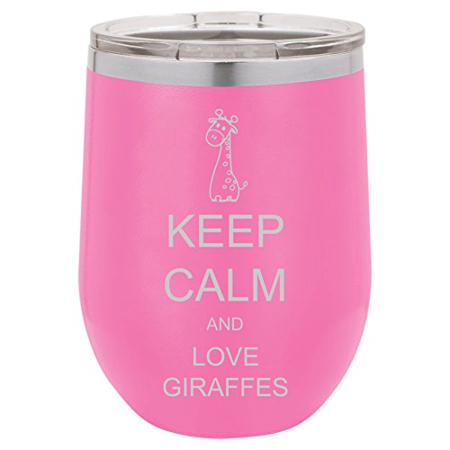 12 oz Double Wall Vacuum Insulated Stainless Steel Stemless Wine Tumbler Glass Coffee Travel Mug With Lid Keep Calm And Love Giraffes (Hot-Pink)