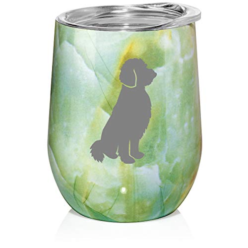 12 oz Double Wall Vacuum Insulated Stainless Steel Marble Stemless Wine Tumbler Glass Coffee Travel Mug With Lid Goldendoodle (Turquoise Green Marble)