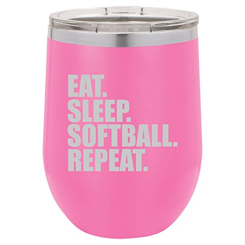 12 oz Double Wall Vacuum Insulated Stainless Steel Stemless Wine Tumbler Glass Coffee Travel Mug With Lid Eat Sleep Softball Repeat (Hot-Pink)