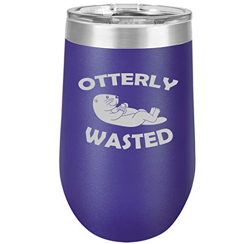 16 oz Double Wall Vacuum Insulated Stainless Steel Stemless Wine Tumbler Glass Coffee Travel Mug With Lid Otterly Wasted Otter Funny (Purple)