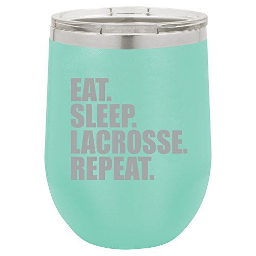 12 oz Double Wall Vacuum Insulated Stainless Steel Stemless Wine Tumbler Glass Coffee Travel Mug With Lid Eat Sleep Lacrosse Repeat (Teal)