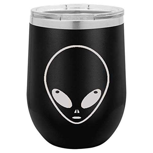 12 oz Double Wall Vacuum Insulated Stainless Steel Stemless Wine Tumbler Glass Coffee Travel Mug With Lid Alien Head (Black)