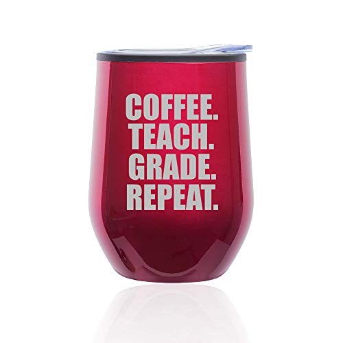 Stemless Wine Tumbler Coffee Travel Mug Glass With Lid Coffee Teach Grade Repeat Teacher (Fuchsia)