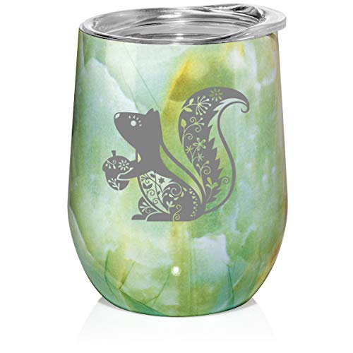 12 oz Double Wall Vacuum Insulated Stainless Steel Marble Stemless Wine Tumbler Glass Coffee Travel Mug With Lid Fancy Squirrel (Turquoise Green Marble)