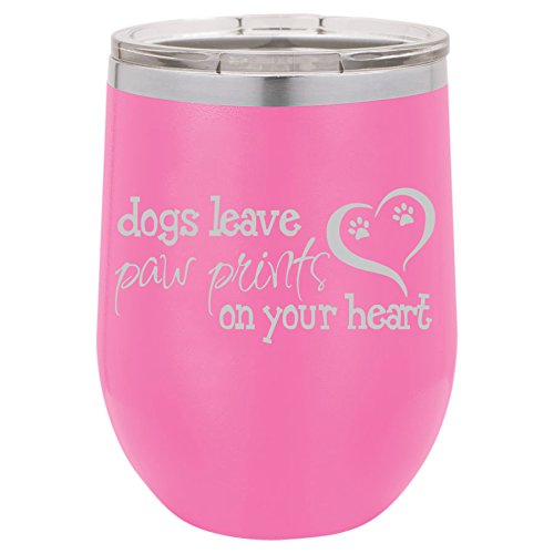 12 oz Double Wall Vacuum Insulated Stainless Steel Stemless Wine Tumbler Glass Coffee Travel Mug With Lid Dogs Leave Paw Prints (Hot-Pink)