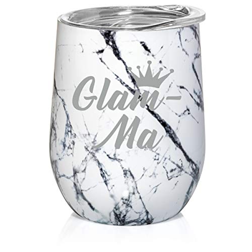 12 oz Double Wall Vacuum Insulated Stainless Steel Marble Stemless Wine Tumbler Glass Coffee Travel Mug With Lid Glam-Ma Mom Mother Grandmother Grandma (Black White Marble)