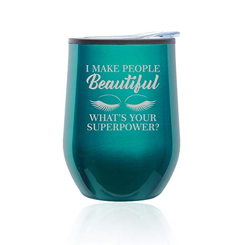 Stemless Wine Tumbler Coffee Travel Mug Glass With Lid I Make People Beautiful What's Your Superpower Lash Makeup Artist Esthetician (Turquoise Teal)