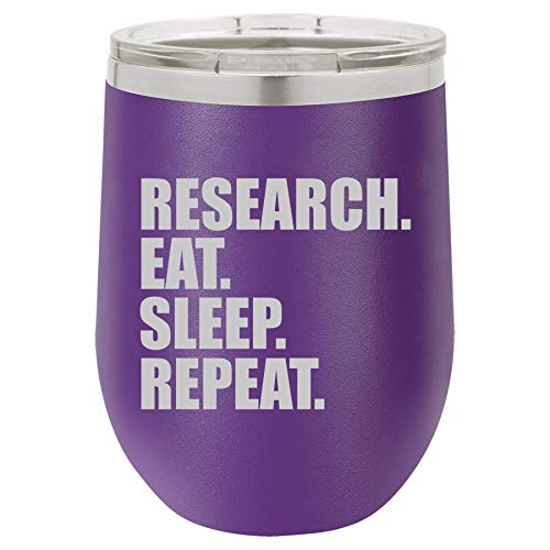 12 oz Double Wall Vacuum Insulated Stainless Steel Stemless Wine Tumbler Glass Coffee Travel Mug With Lid Research Eat Sleep Repeat (Purple)