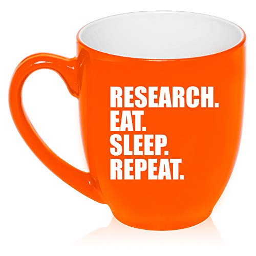 16 oz Large Bistro Mug Ceramic Coffee Tea Glass Cup Research Eat Sleep Repeat (Orange)