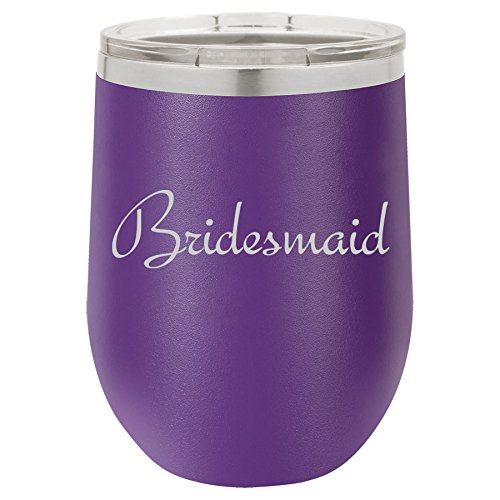 12 oz Double Wall Vacuum Insulated Stainless Steel Stemless Wine Tumbler Glass Coffee Travel Mug With Lid Bridesmaid Bachelorette Wedding (Purple)