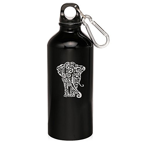 20oz Aluminum Sports Water Bottle Caribiner Clip Tribal Elephant (Black)