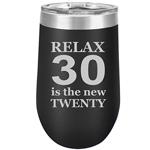 16 oz Double Wall Vacuum Insulated Stainless Steel Stemless Wine Tumbler Glass Coffee Travel Mug With Lid Relax 30 (Black)