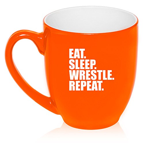 16 oz Large Bistro Mug Ceramic Coffee Tea Glass Cup Eat Sleep Wrestle Repeat (Orange)