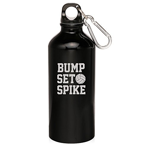 20oz Aluminum Sports Water Bottle Caribiner Clip Bump Set Spike Volleyball (Black)