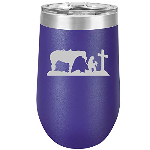 16 oz Double Wall Vacuum Insulated Stainless Steel Stemless Wine Tumbler Glass Coffee Travel Mug With Lid Cowgirl Praying Cross Horse (Purple)
