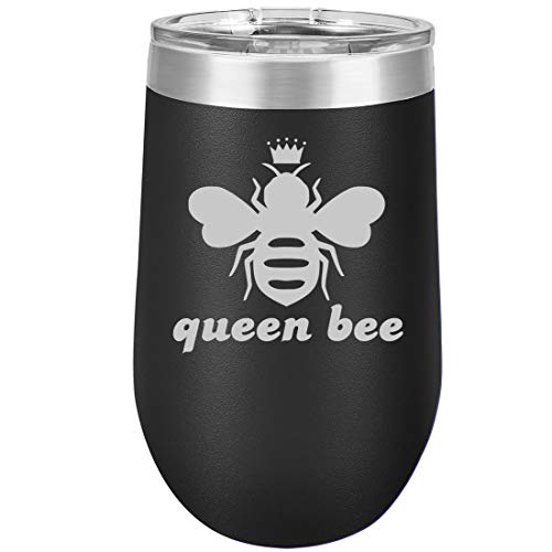 16 oz Double Wall Vacuum Insulated Stainless Steel Stemless Wine Tumbler Glass Coffee Travel Mug With Lid Queen Bee (Black)