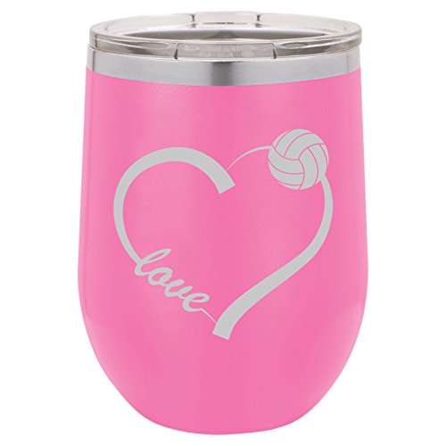 12 oz Double Wall Vacuum Insulated Stainless Steel Stemless Wine Tumbler Glass Coffee Travel Mug With Lid Love Heart Volleyball (Hot-Pink)