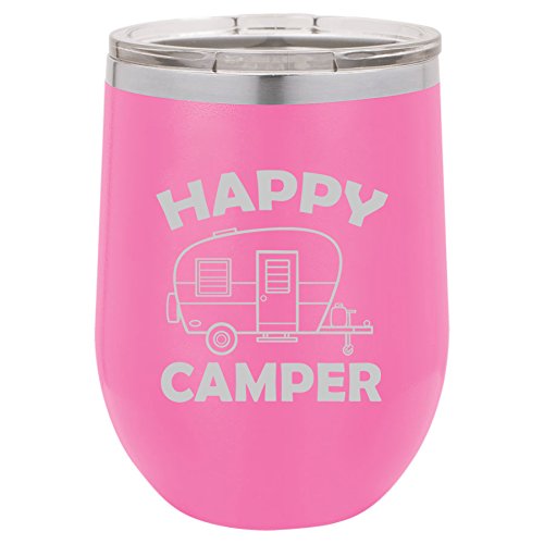 12 oz Double Wall Vacuum Insulated Stainless Steel Stemless Wine Tumbler Glass Coffee Travel Mug With Lid Happy Camper (Hot-Pink)