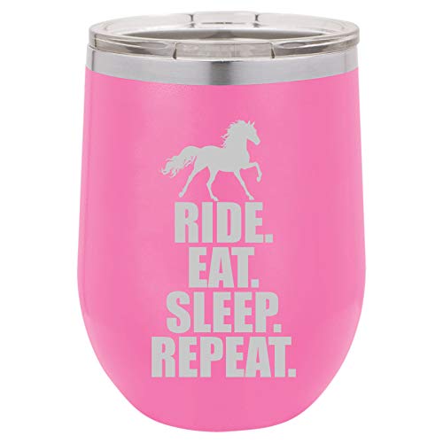 12 oz Double Wall Vacuum Insulated Stainless Steel Stemless Wine Tumbler Glass Coffee Travel Mug With Lid Horse Ride Eat Sleep Repeat (Hot-Pink)