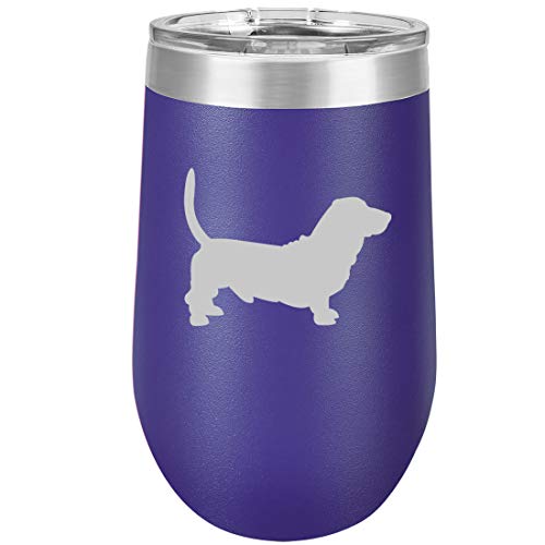 16 oz Double Wall Vacuum Insulated Stainless Steel Stemless Wine Tumbler Glass Coffee Travel Mug With Lid Basset Hound (Purple)