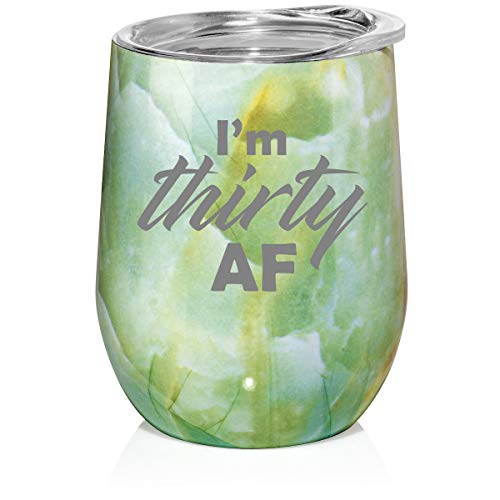 12 oz Double Wall Vacuum Insulated Stainless Steel Marble Stemless Wine Tumbler Glass Coffee Travel Mug With Lid I'm Thirty AF Funny 30th Birthday (Turquoise Green Marble)