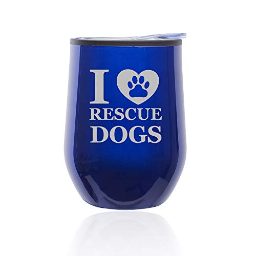 Stemless Wine Tumbler Coffee Travel Mug Glass With Lid I Heart Love Rescue Dogs (Blue)