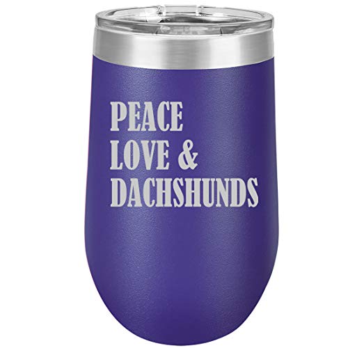 16 oz Double Wall Vacuum Insulated Stainless Steel Stemless Wine Tumbler Glass Coffee Travel Mug With Lid Peace Love & Dachshunds (Purple)