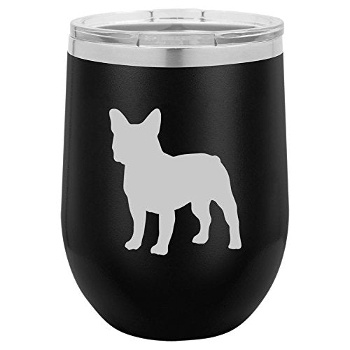 12 oz Double Wall Vacuum Insulated Stainless Steel Stemless Wine Tumbler Glass Coffee Travel Mug With Lid French Bulldog (Black)