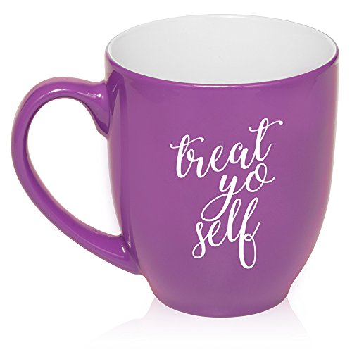 16 oz Large Bistro Mug Ceramic Coffee Tea Glass Cup Treat Yo Self (Purple)