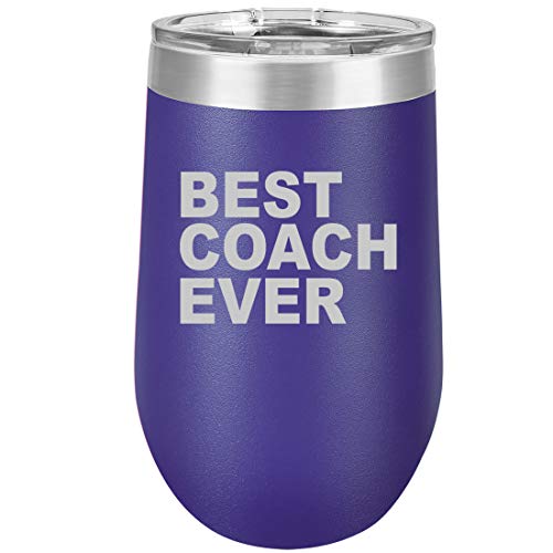 16 oz Double Wall Vacuum Insulated Stainless Steel Stemless Wine Tumbler Glass Coffee Travel Mug With Lid Best Coach Ever (Purple)