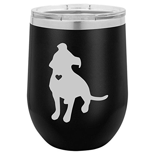 12 oz Double Wall Vacuum Insulated Stainless Steel Stemless Wine Tumbler Glass Coffee Travel Mug With Lid Cute Pit Bull With Heart (Black)