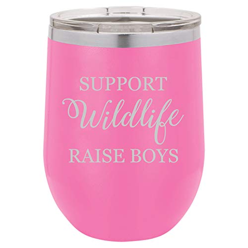 12 oz Double Wall Vacuum Insulated Stainless Steel Stemless Wine Tumbler Glass Coffee Travel Mug With Lid Support Wildlife Raise Boys Mom Mother Of Boys Funny (Hot Pink)