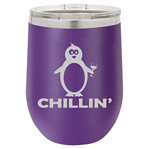 12 oz Double Wall Vacuum Insulated Stainless Steel Stemless Wine Tumbler Glass Coffee Travel Mug With Lid Funny Penguin Chillin (Purple)