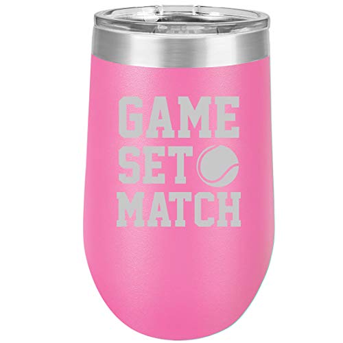 16 oz Double Wall Vacuum Insulated Stainless Steel Stemless Wine Tumbler Glass Coffee Travel Mug With Lid Game Set Match Tennis (Hot Pink)