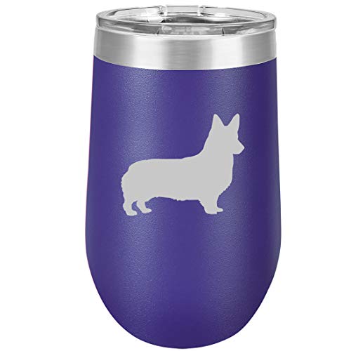 16 oz Double Wall Vacuum Insulated Stainless Steel Stemless Wine Tumbler Glass Coffee Travel Mug With Lid Corgi (Purple)