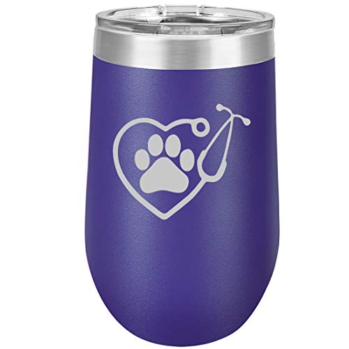 16 oz Double Wall Vacuum Insulated Stainless Steel Stemless Wine Tumbler Glass Coffee Travel Mug With Lid Heart Stethoscope Vet Tech Veterinarian (Purple)