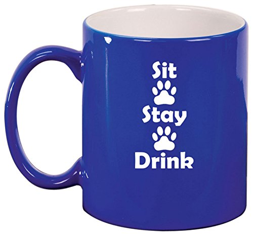 Ceramic Coffee Tea Mug Cup Sit Stay Drink Funny Paw Prints Dog Cat Animal Lover (Blue)