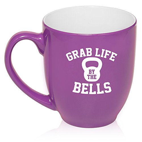 16 oz Large Bistro Mug Ceramic Coffee Tea Glass Cup Grab Life By The Bells Kettlebell Funny Workout Fitness (Purple)