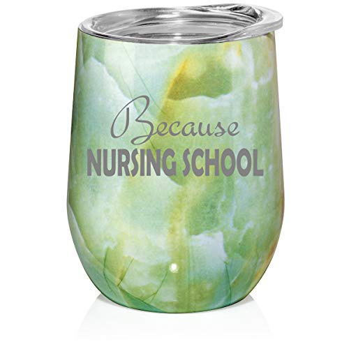 12 oz Double Wall Vacuum Insulated Stainless Steel Marble Stemless Wine Tumbler Glass Coffee Travel Mug With Lid Because Nursing School Nurse Student Funny (Turquoise Green Marble)