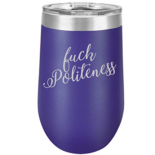16 oz Double Wall Vacuum Insulated Stainless Steel Stemless Wine Tumbler Glass Coffee Travel Mug With Lid Fck Politeness Funny (Purple)