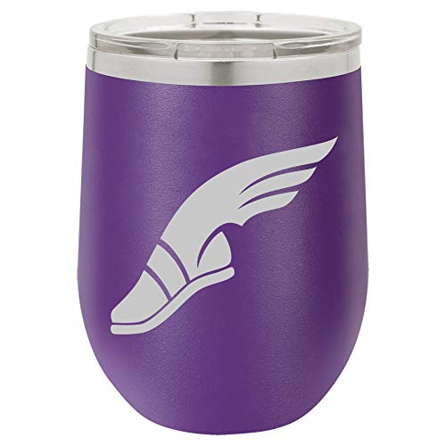 12 oz Double Wall Vacuum Insulated Stainless Steel Stemless Wine Tumbler Glass Coffee Travel Mug With Lid Track & Field Wing Shoe (Purple)