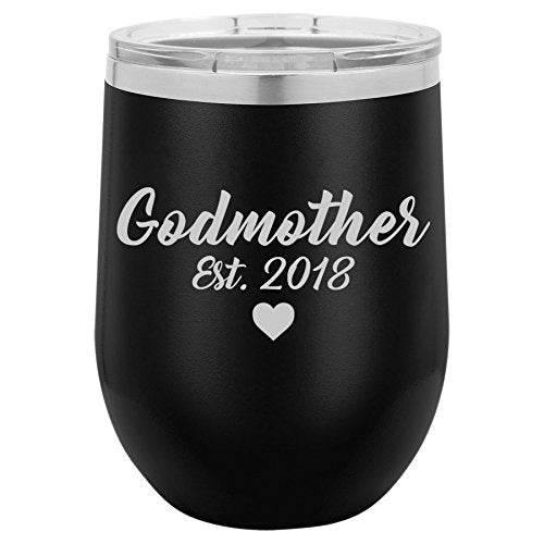 12 oz Double Wall Vacuum Insulated Stainless Steel Stemless Wine Tumbler Glass Coffee Travel Mug With Lid Godmother Est 2018 Christening Baptism (Black)