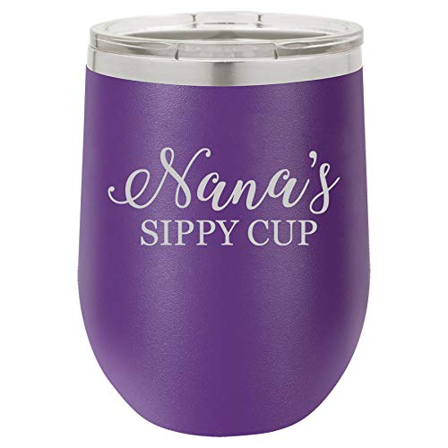 12 oz Double Wall Vacuum Insulated Stainless Steel Stemless Wine Tumbler Glass Coffee Travel Mug With Lid Nana's Sippy Cup Funny (Purple)