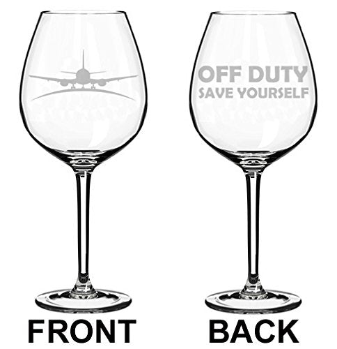 Wine Glass Goblet Two Sided Airplane Pilot Flight Attendant Off Duty Save Yourself (20 oz Jumbo)