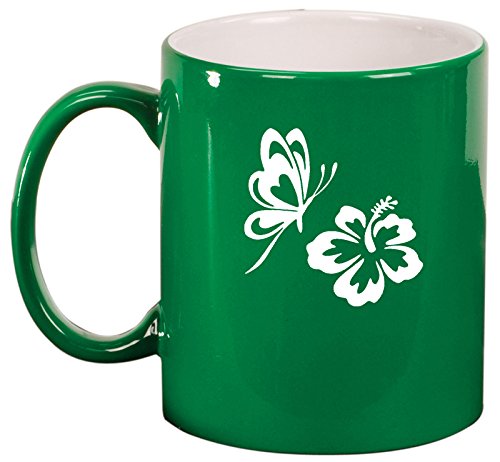 Ceramic Coffee Tea Mug Cup Butterfly and Hibiscus (Green)