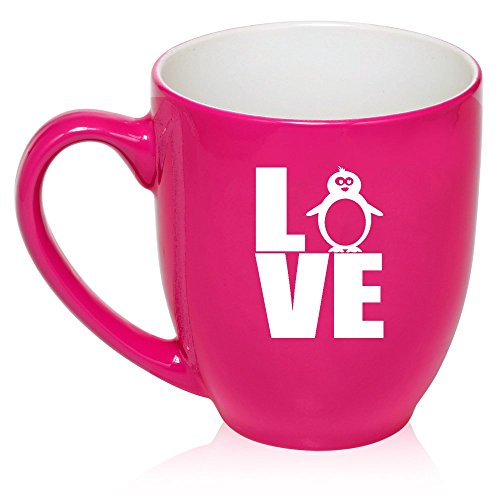 16 oz Large Bistro Mug Ceramic Coffee Tea Glass Cup Love Penguin (Hot Pink)
