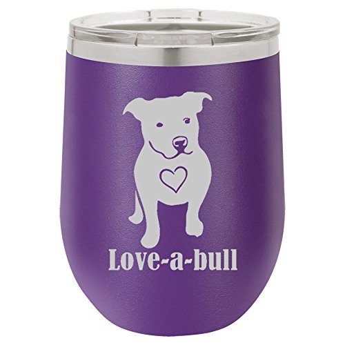 12 oz Double Wall Vacuum Insulated Stainless Steel Stemless Wine Tumbler Glass Coffee Travel Mug With Lid Love-A-Bull Pit Bull Love (Purple)