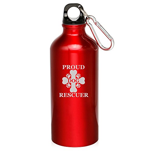 20oz Aluminum Sports Water Bottle Caribiner Clip Proud Dog Rescuer (Red)