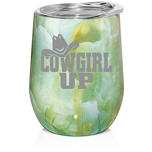 12 oz Double Wall Vacuum Insulated Stainless Steel Marble Stemless Wine Tumbler Glass Coffee Travel Mug With Lid Cowgirl Up With Hat (Turquoise Green Marble)